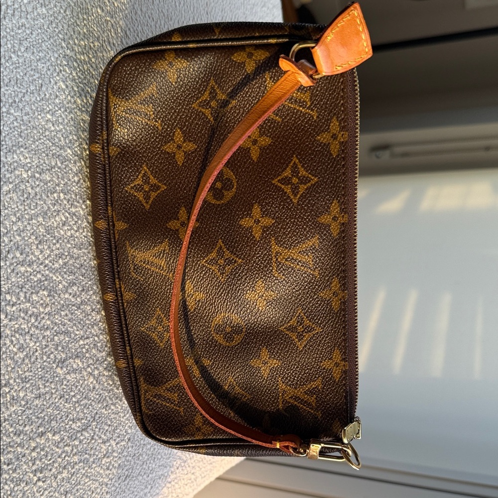 Louis Vuitton Brown Monogram Clutch with Orange Strap